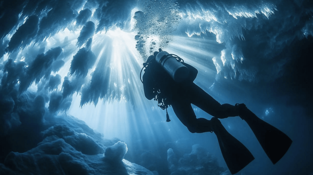 Best Places for Ice Diving Adventures 10 an image of a diver illuminated by beams of sunlight penetrating the ice, surrounded by complex frozen formations beneath the surface.