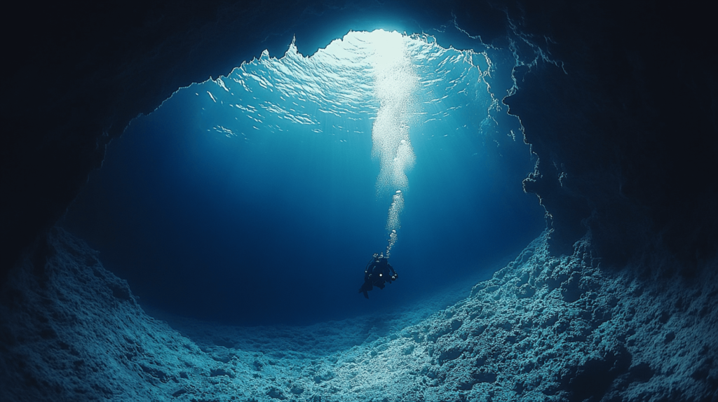 Illustrate a technical diving site, such as an underwater cave entrance or deep ocean trench, with a diver preparing to enter, equipped with powerful dive lights and advanced diving gear, symbolizing the adventure and exploration aspects of technical diving.