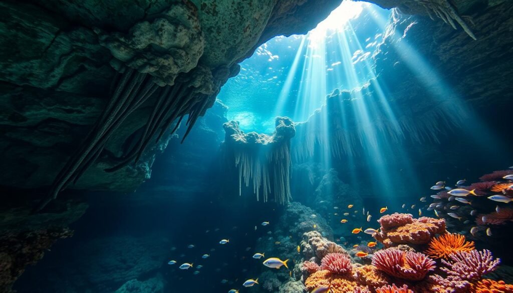 scuba diving in a cave