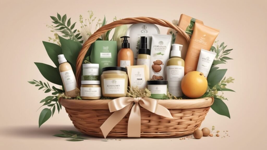 A beautifully arranged gift basket overflowing with eco-friendly products, tied with a natural fiber ribbon.