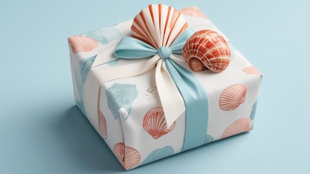  A beautifully wrapped gift using furoshiki cloth with a small seashell accent