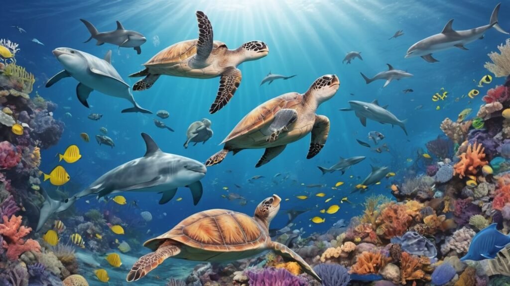 A gentle whale shark gliding through the open ocean with a school of tiny fish accompanying it, capturing the grandeur of the ocean's gentle giants