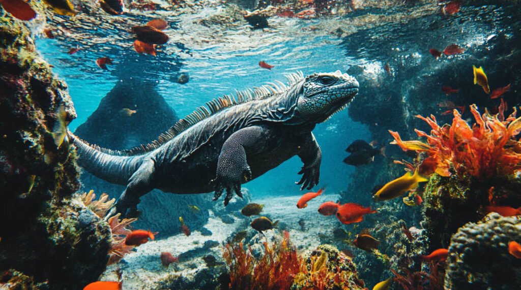 An underwater scene in the Galápagos Islands featuring a marine iguana swimming gracefully alongside schools of colorful fish, with a dramatic volcanic backdrop visible through the water.