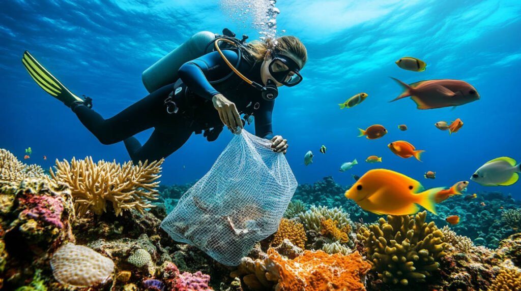 A diver carefully collecting a piece of marine debris in a mesh bag, surrounded by a pristine coral reef and colorful fish, showcasing eco-conscious diving practices.