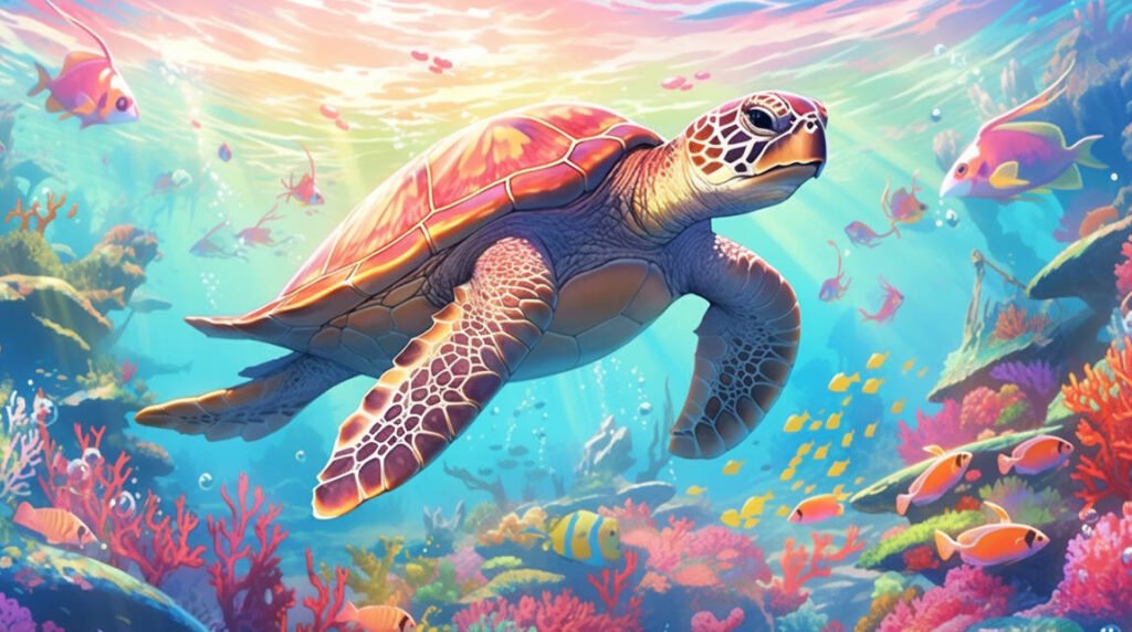 vibrant coral reefs, colorful fish, kelp forests swaying in the current, and a majestic sea turtle swimming gracefully in clear blue water. The image should evoke a sense of wonder and highlight the beauty of ocean life.