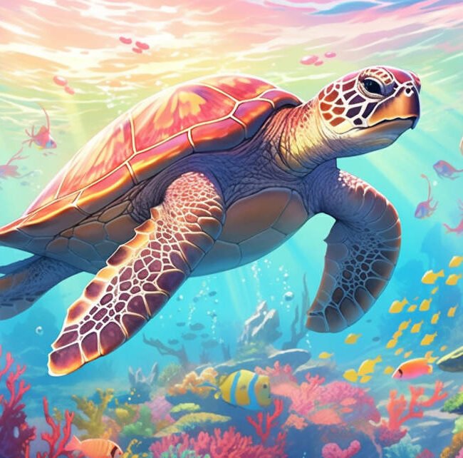 vibrant coral reefs, colorful fish, kelp forests swaying in the current, and a majestic sea turtle swimming gracefully in clear blue water. The image should evoke a sense of wonder and highlight the beauty of ocean life.