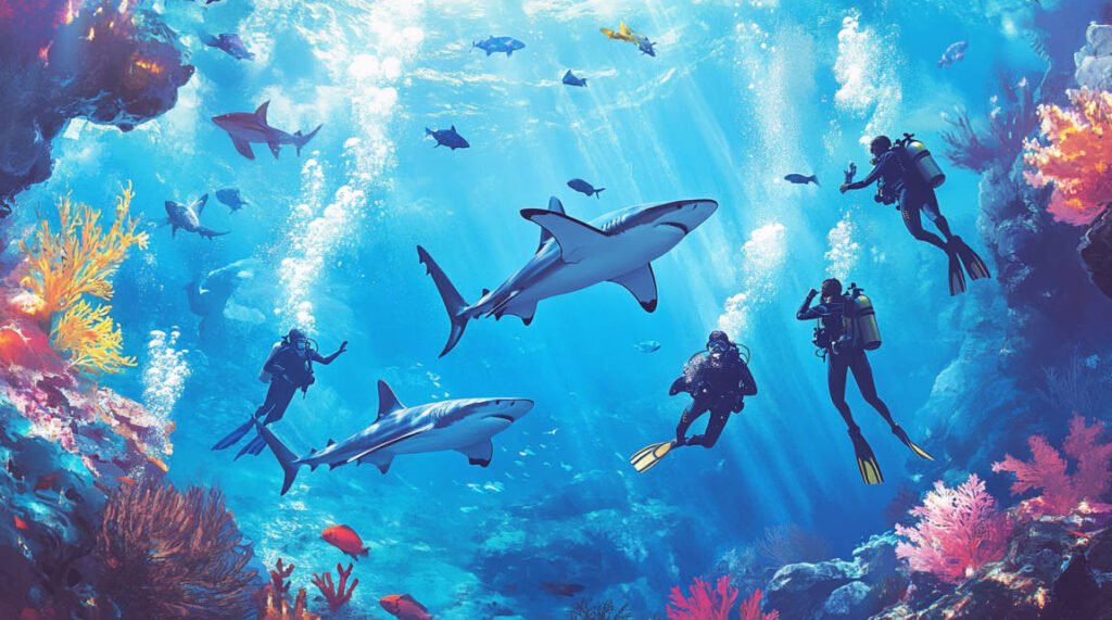 An underwater scene where a group of scuba divers swims peacefully alongside various shark species like reef sharks and hammerheads in crystal-clear blue waters, showcasing the tranquility and mutual respect between humans and sharks.